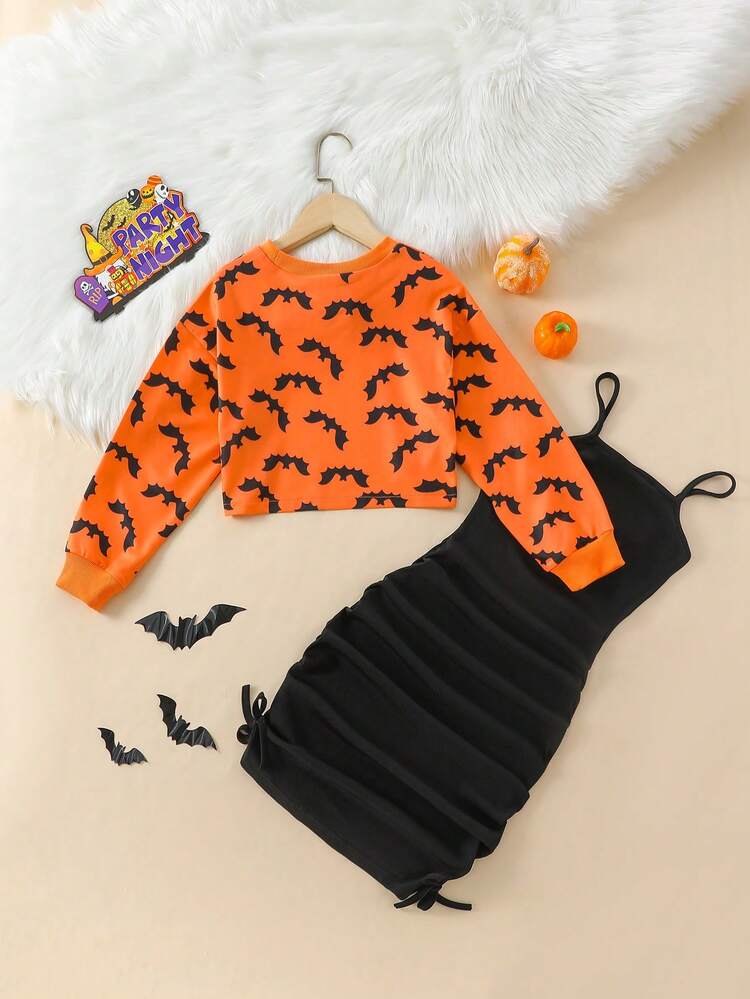 2pcs/Set Tween Girl Hollow Bat Print Cropped Sweatshirt & Ribbed Form-Fitting Cami Dress Casual Vacation Outfit, Fall - Yellow - View 2