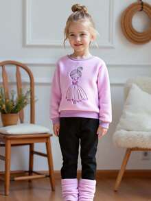 Set de 2 piezas: Blusa de cuello redondo de franela rosa bordada y pantalones negros de parche con dobladillo plisado y peludo, conjunto casual de otoño/invierno para niñas