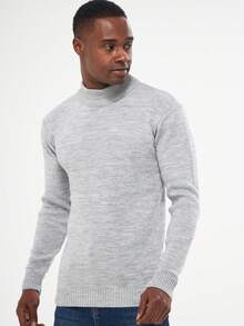 Herren hellmelierter einfarbiger gestrickter Rundhals Pullover - Grau - Übersicht 2