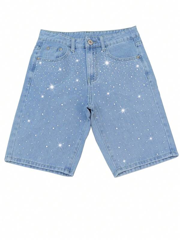 男士夏季时尚水钻装饰斜口袋牛仔短裤