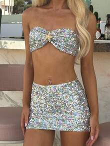 Women Sequin Sparkly Mini Skirt Set Y2K Starfish Shiny Bra Tops And Low Rise Bodycon Mini Skirt Set Summer Glitter Going Out Club Suit - Bạc - Xem 3