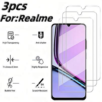 3 件适用于：Realme 手机屏幕保护膜，适用于：Realme 14x、Realme 13+、Realme 12 5G、Realme 12x、Realme 12 4G、Realme 12+、Realme 11 5G、Realme C63、Realme C61、Realme C55、Realme C53、Realme C51、钢化玻璃、手机屏幕保护膜、手机保护膜、手机玻璃膜、手机屏幕保护膜、手机屏幕保护膜、手机显示屏保护膜、手机屏幕盖屏幕保护必需品，适用于日常防护、办公室、家用手机配件防水防震防摔防摔防刮防指纹全覆盖