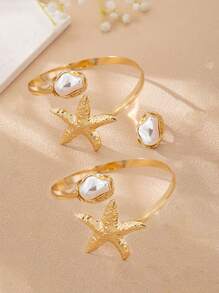 3 Stücke Boho-Stil Mode gehämmerte Metall Seestern Faux Barock Perle Armband Armreif Ring Set, Frauen Sommer Urlaub Party Schmuckset