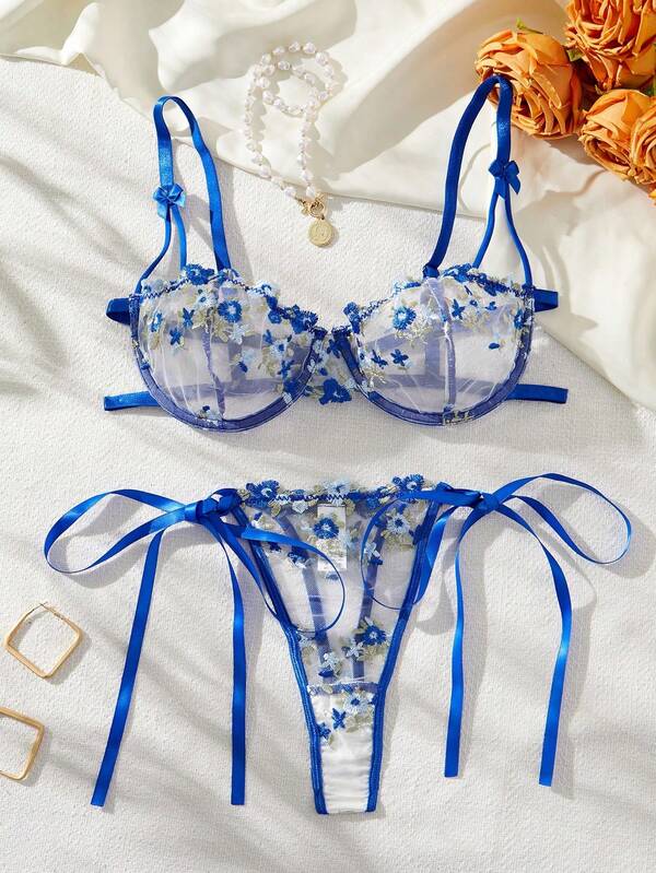Spaghetti Strap Floral Embroidery Mesh Bow Decor Sexy Lingerie Set, Rave