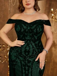 UNITHORSE Plus Size Women Off Shoulder Backless Dress, Glitter Sequins Decoration, Elegant Evening Party Dress, Bride Dress, Birthday Outfits, Graduation Dress, Formal Dress, Fall Women Clothes - 墨綠色 - 查看 5