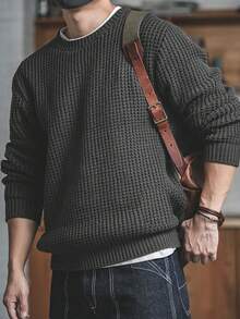 男士休闲百搭纯色提花圆领长袖毛衣，秋冬