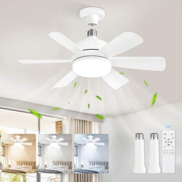 1pc E27/E26 Screw-In Fan Light With Light & Remote, Stepless Dimming, 3-Speed Wind Speed Adjustment, Suitable For Bedrooms, Living Rooms, Study Rooms, Kitchens, Toilets - No Wiring Needed!