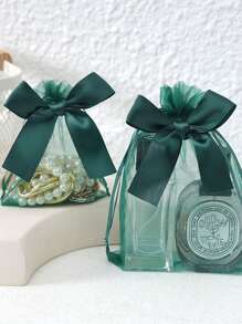 20 件蝴蝶结透明硬质薄纱袋，深绿色蝴蝶结透明软质薄纱袋，3.9x4.7 英寸珠宝袋，玫瑰抽绳袋，婚礼礼品袋，绿色派对礼品袋，圣诞节小礼品袋，返校、生日礼物，房间整理