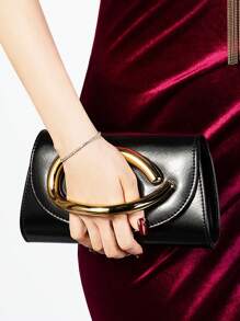 1pc Black Palmprint PU Material Women's Evening Bag, Matching Gold Clutch Decor, Can Be Handheld/Carried/Shoulder/Crossbody, Suitable For Wedding/Party/Prom/Banquet , Gold Bag - Black - View 1