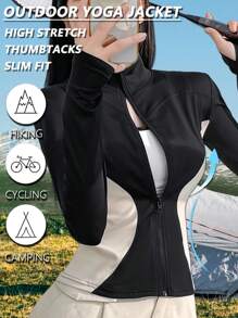 1pc Women's Fashion Sexy Lightweight Shaping Solid Color Yoga Jacket Low Impact Stand-Up Collar Thumb Holes Vacation Summer Wear Open-Front Jacket Sportswear Quick-Dry Clothing Women's Zipper Long Sleeve Comfortable Soft Autumn Outdoor Close-Fitting Sports Top Suitable For Daily Yoga Fitness Running Cycling Training Gym Tennis