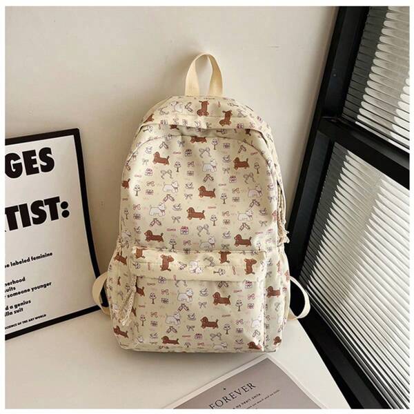 Korean Style Cute Dog Backpack - Kawaii Nylon School Bag For Teens, Spacious Travel Shoulder Purse With Adjustable Straps