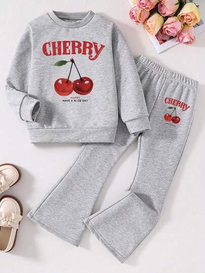 Tween Girl Cherry Print Crew Neck Sweatshirt And Flare Pants Set