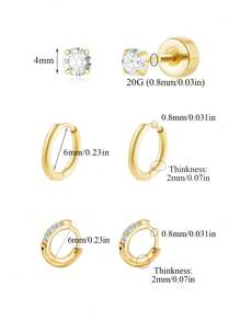 3 对防过敏不锈钢耳环套装，适合多个耳孔，精致的 14K 镀金女式环形耳钉，时尚可爱的小环形和耳钉耳环堆叠，适合敏感耳朵