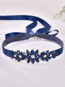 1pc Full Crystal Bridal Sash, Formal Dress Waist Accessory, Bridesmaid Waist Belt - Navy Blue Ribbon - View 4