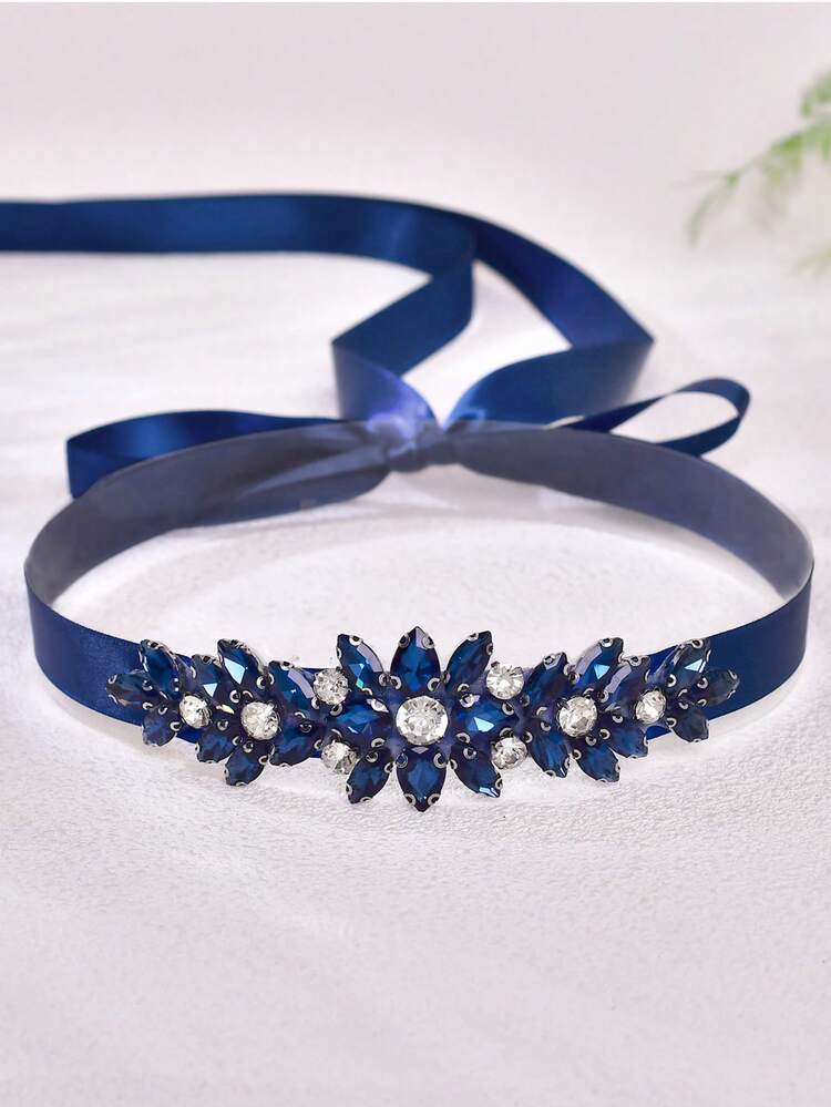 1件全水晶镶嵌长款新娘腰带，正式礼服腰部配饰，女士伴娘腰带 - 海軍藍色絲帶 - 查看 3