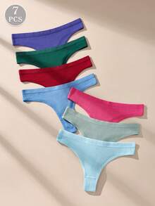 7pcs Solid Color Ribbed Cotton Sexy Bikini Thong Panties, Comfortable Minimalist Seamless Elastic Women's Underwear - Multicolor - View 4