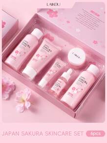 1套6件裝 明亮膚色LAIKOU日本櫻花護膚套裝，深層滋養護膚禮盒 面部精華液17ml+眼霜15g+爽膚水100ml+乳液100ml+潔面乳50g+面霜25g 女性抗衰老護膚品，適用於母親、妻子、姐妹、少女、女友，SPA婚禮禮品 - 粉色 - 查看 2