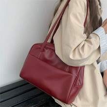 韩版大容量女士单肩包，复古腋下包，多功能，适合工作、上学、通勤，时尚大容量手提包（吊坠仅供展示，不包含在内） - 酒紅色 - 查看 3