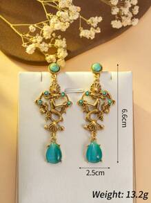 1 Par de Brincos de Sereia com Formato de Ouro e Turquesa, Brincos de Gema com Tema de Sereia Vintage, Brincos de Sereia Embutidos de Moda Europeia e Americana, Brincos de Sereia de Ouro de Luxo com Turquesa, Brincos de Gema com Formato de Sereia
