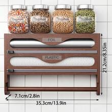 1pc Bamboo Plastic Wrap Dispenser, Aluminum Foil Dispenser With Paper Towel Holder, Foil And Plastic Wrap Organizer, Suitable For Kitchen-Back To School