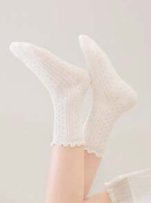 5 Pairs White Lace Breathable Cartoon Sweet Skin-Friendly Comfortable Soft Mid-Calf Socks For Home, School, Outdoor Sports