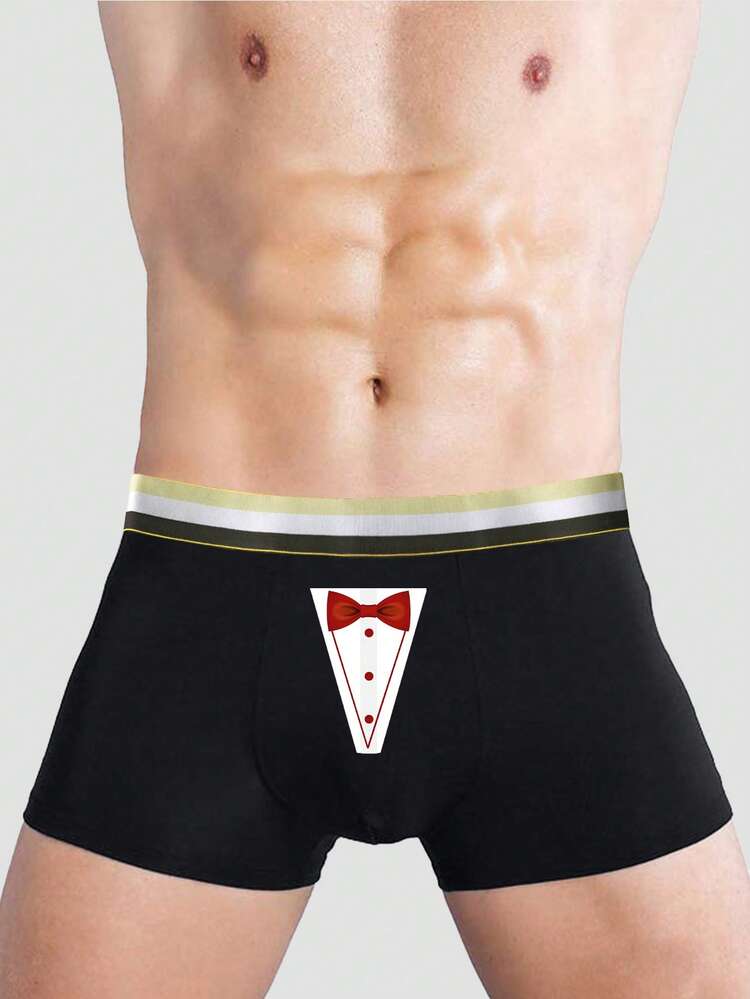 Men's Black Fashionable Printed Pattern Boxer Briefs, Elastic Underwear For Daily Wear - Black - View 8