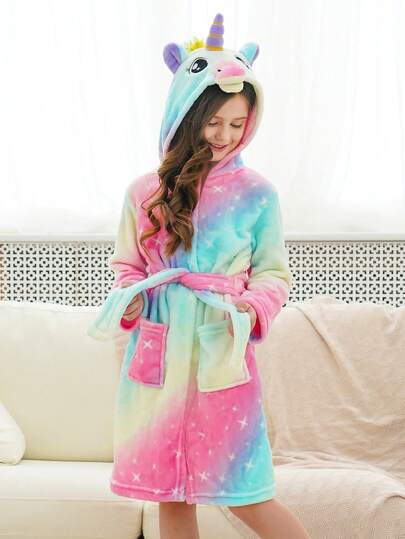 少女色彩缤纷的星空独角兽浴袍和家居服