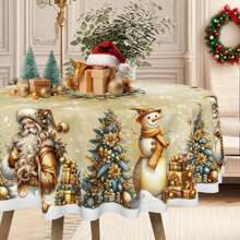 1 pieza Mantel de poliéster con tema navideño, diámetro redondo de 145cm (57.08 pulgadas), rectangular de 140x180cm (55.11 pulgadas x 70.87 pulgadas), mantel redondo de poliéster dorado con diseño de muñeco de nieve, Papá Noel y árbol de Navidad dorado, mantel para mesa de comedor, decoración navideña, decoración para reuniones y fiestas navideñas en el hogar.