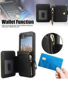AWQUER Funda de piel sintética PU tipo bandolera con soporte, ranuras para tarjetas y cremallera para Galaxy Z Flip 7 6 5 4 3 5G, con correa de muñeca, bolsa para teléfono móvil con bloqueo RFID para Galaxy ZFlip6 ZFlip5 ZFlip4 ZFlip3 - Negro - Ver 8