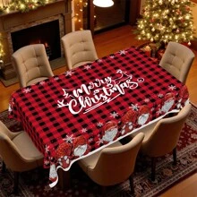 1 pieza Mantel de poliéster con tema navideño, diámetro redondo de 145cm (57.08 pulgadas), rectangular de 140x180cm (55.11 pulgadas x 70.87 pulgadas), mantel con gnomos navideños y cuadros escoceses rojos, decoración central de mesa navideña, decoración para ambiente de fiesta navideña y reunión familiar
