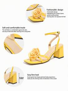 女士高跟凉鞋，适合派对、户外、旅行、时尚度假，粗跟，方头，闪亮，3D 黄玫瑰，性感踝带，石材纹理，鲜艳的黄色，优雅的高跟鞋 - 黃色 - 查看 9