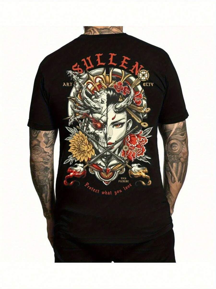 Sullen Clothing Men's Nick Filbert Standard T-Shirt - Black Tattoo Art Graphic Tee With Dual Face & Floral Motif, Streetwear Summer Short Sleeve, 95% Polyester 5% Spandex, Regular Fit Casual Wear, Everyday Outfit, Street Style, Stretchy Fabric, Statement Shirt, Urban Lifestyle - 白色 - 查看 1