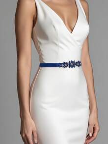 1pc Full Crystal Bridal Sash, Formal Dress Waist Accessory, Bridesmaid Waist Belt - Navy Blue Ribbon - View 6