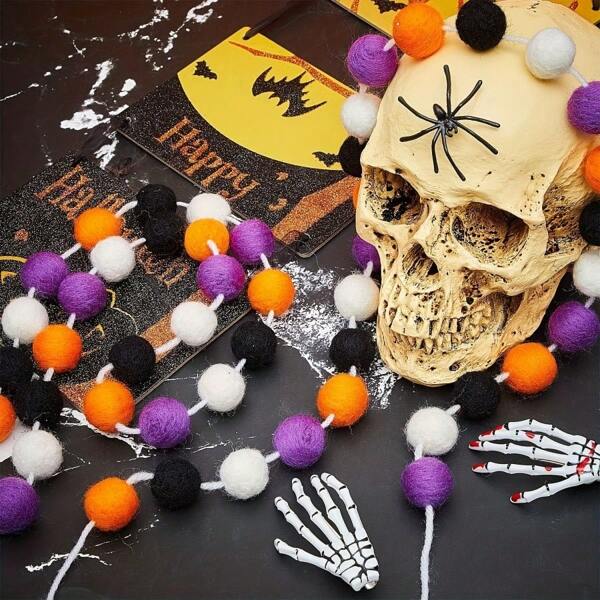 Corona de fieltro de 200 cm para Halloween, 24 bolas esponjosas, esquema de colores de terror, bolas de hilo, decoración para el festival de los fantasmas, fiesta, jardín, decoración de ambiente para parque