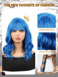 Peluca sintética resistente al calor de 14 pulgadas con flequillo, ondas de agua y ondas rizadas, de estilo Halloween, en colores naranja, azul, rosa rojo y azul mezclado, para mujeres, para uso diario, fiestas, Navidad, festivales de música, carnaval y Año Nuevo como regalo