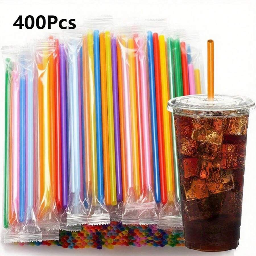 400Pcs Large Plastic Bottle Straws, Individual Rolls Of Large Bottle Straws, Free Individually Wrapped Disposable Straws, A Tea Bottle Cutlet Disposable Festive Gift Straw, Ideal Tools For Catering Preparation - 400Pcs - 查看 1