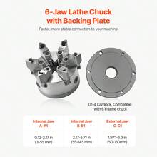 6-Jaw Lathe Chuck, 6 Inch (160 Mm), Self-Centering Chuck With D1-4 Cam Lock Backing Plate, 0.12-5.71 In (3-145 Mm) Clamping Range With T-Wrench Screws, HT300 Material, For Wood Metal Lathe - 銀色 - 查看 4