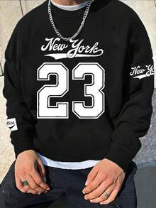 Men's Casual Street Fashion | New York Street Fashion Number 23 Print | Loose Fit Crew Neck Sweatshirt, Autumn/Winter - Black - View 1