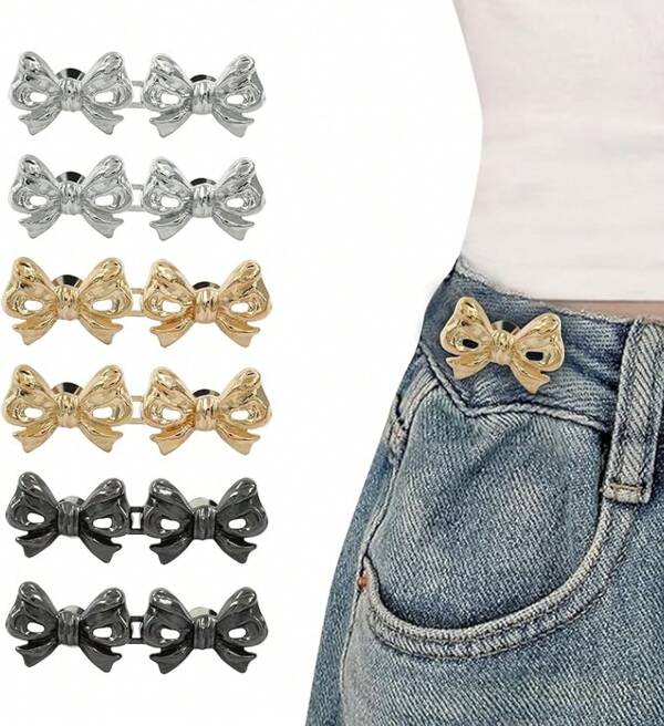 Waist Tightener, 6 Sets Adjustable Jean Tightener Button For Women, Waist Pants Clips For No Sewing Bow Waist Pin Button