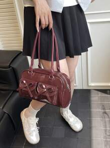 1个复古简约拉链手提包，带口袋，双提手，适合女士日常休闲及通勤使用。 - 紅色 - 查看 5