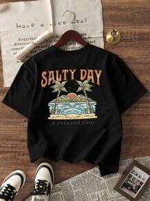 这款休闲印花圆领套头短袖T恤适合男孩和年轻学生在夏季穿着——日出椰树艺术风格T恤，为每个孩子带来欢乐和幸福！男童图案T恤 - 黑色 - 查看 3