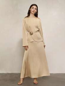 Women's Elegant Waist Floral Decor Patchwork Top And A-Line Midi Skirt 2-Piece Set