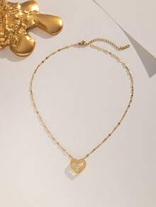 1 件不锈钢方晶锆石密镶心形吊坠项链，时尚简约，男女通用，适合休闲、日常、节日、派对穿着 - 金色 - 查看 5