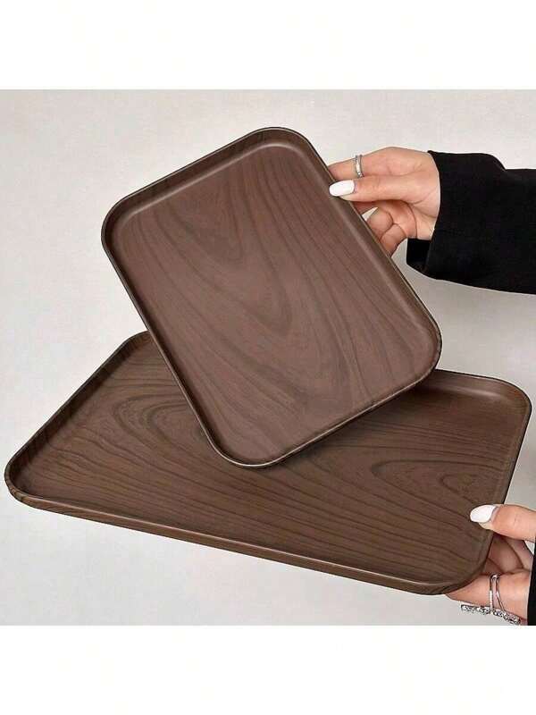 1pc Ins Style Faux Wood Grain Tray, Rectangular Serving Tray, Cafe Dessert Tray, Storage Dish, Cake And Snack Plate