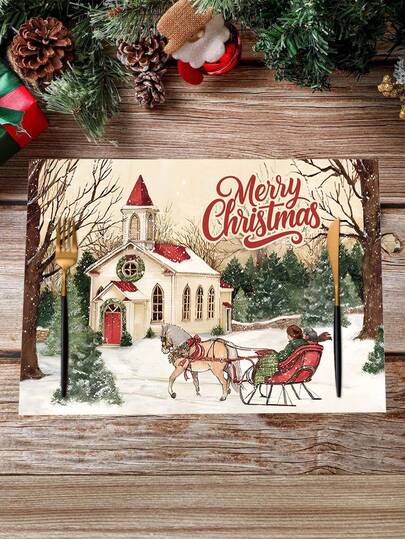 1/2/4pcs Christmas Theme Placemats, Merry Christmas, Vintage Horse Carriage & Snowy Landscape Design, Polyester Placemats, 30x45cm, Suitable For Christmas Table Center Decor, Christmas Party & Family Gathering Table & Plate Decoration