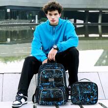 17 Inches Backpack For Boys Men, 3Pcs College Laptop Backpacks With Lunch Bag, Water Resistant Graffiti School Bookbag Set For Teens Students(Blue) - 藍色 - 查看 7