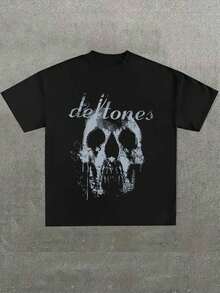 Skull And 'defton Es' Band Tribute Printed Casual Soft Short Sleeve Pure Cotton 180gsm T - Shirt - 黑色 - 查看 1