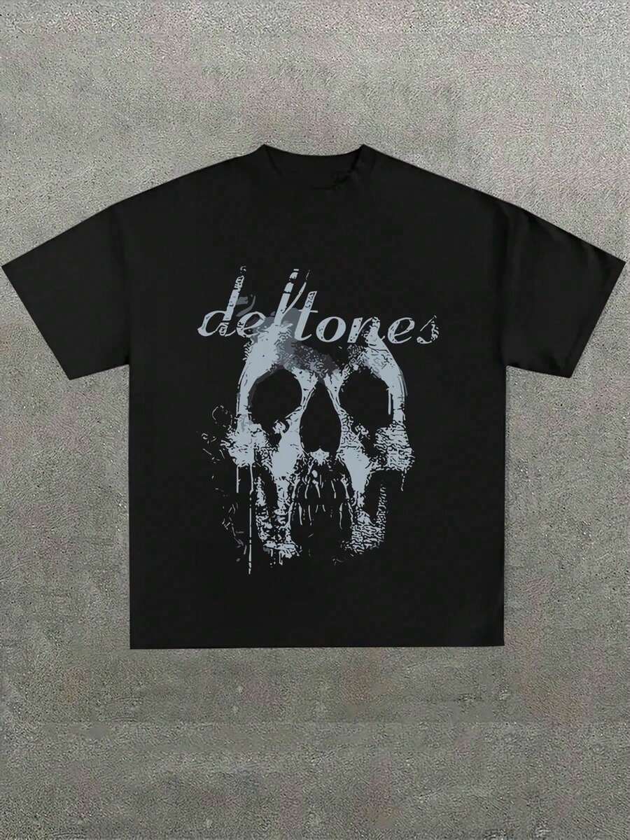 Skull And 'defton Es' Band Tribute Printed Casual Soft Short Sleeve Pure Cotton 180gsm T - Shirt - 黑色 - 查看 1