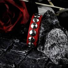 Eigso 3 Pcs Leather Punk Bracelets Men Women Of Rock Rivet Wrap Retro Spike Bracelet Adjustable - 紅色 - 查看 11