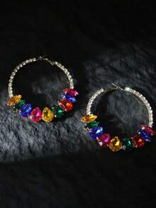 Luxury European & American Fashion Exaggerated Metal Inlay Colorful Crystal Round Large Hoop Earrings, Retro Elegant Goddess Style, 1 Pair